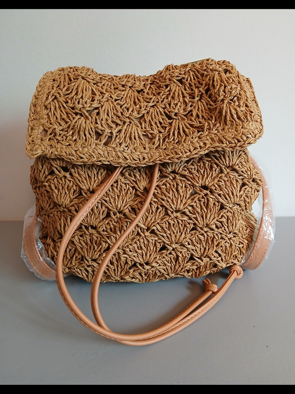 Woven Crochet Drawstring Backpack - Tan